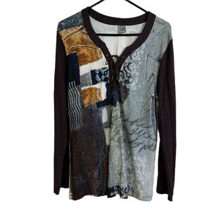 Simply Art by Dolcezza Top Womens XL Abstract Long Sleeve Shirt Lace Up Artsy